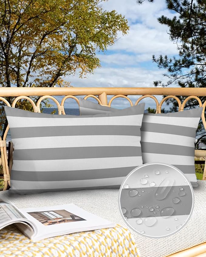 Outdoor Pillows 20x12 Waterproof Outdoor Pillow Covers Gray White Stripes Polyester Throw Pillow Covers Garden Cushion Decorative Case for Patio Couch Decoration Set of 2 Geometric