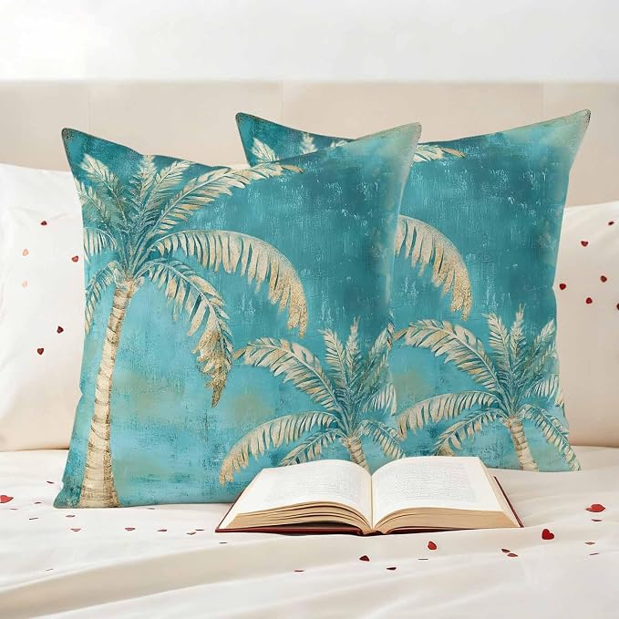 Coastal Beach Palm Tree Outdoor Waterproof Pillow Covers, Retro Teal Decorative Square Throw Pillowcase, Tropical Plant Summer Sofa Cushion Sham for Patio/Couch/Chair, 18"x18" 2 Pack