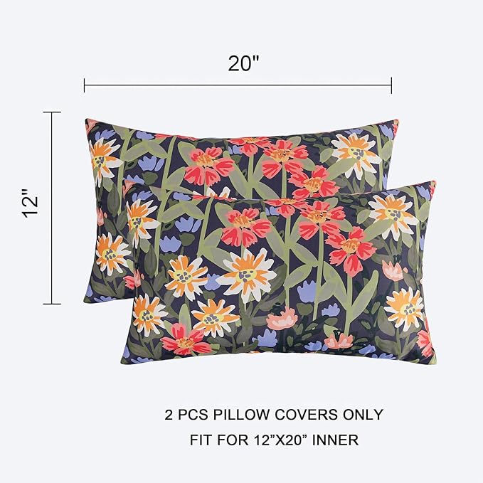 Pyonic Floral Outdoor Lumbar Pillows Covers 12x20 inch Waterproof Spring Summer Decor Outdoor Pillows for Patio Furnture Garden Bench Porch,Black