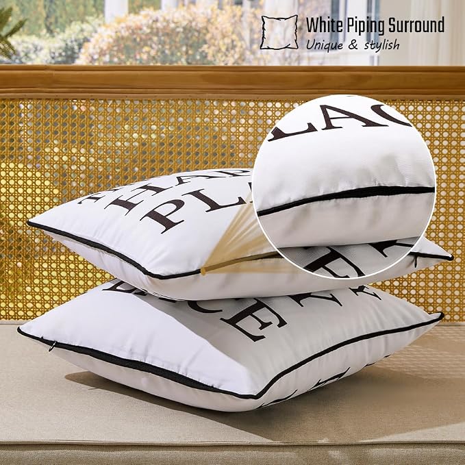 Porch Decor White Outdoor Pillow Cover Waterproof 18x18, Double-Sided Print | This Is Our & My Happy Place Sign, Set of 2, 18 x 18 Outdoor Pillows, Porch Decorations Outdoor, Outdoor Decor for Patio