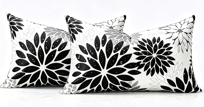 Outdoor Waterproof Cushion Covers 12x20 Inch Dahlia Flowers Throw Pillow Covers Set of 2 Decorative Pillowcases with Invisible Zipper Black and Gray for Inside and Outdoor Decor