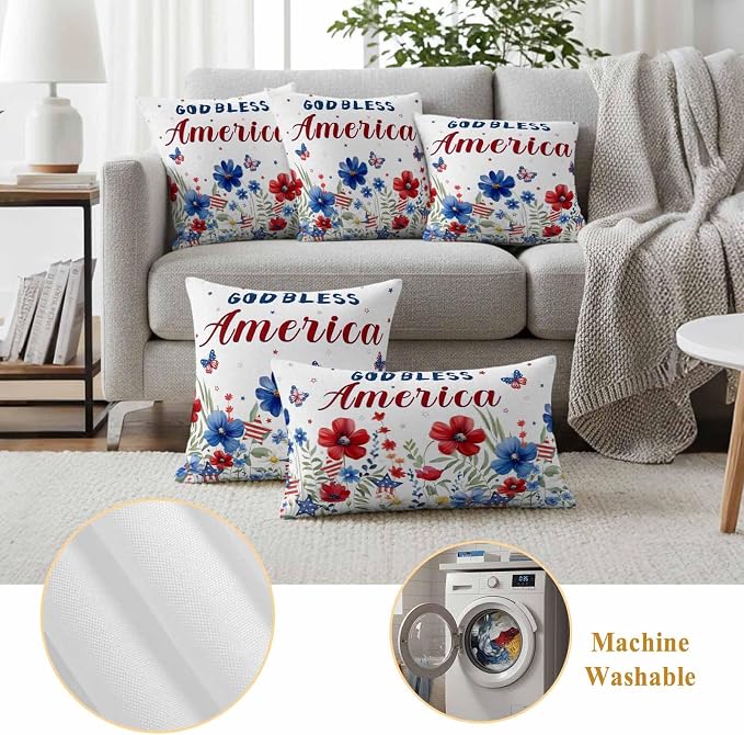 God Bless USA Outdoor Waterproof Throw Pillow Covers Set of 2, 18"x18", Red Blue Daisy Butterfly Independence Day Decorative Pillow Covers Outside Cushion Case for Patio Porch Garden