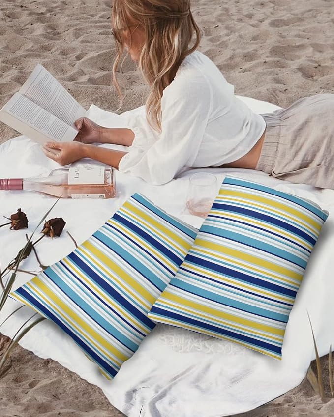 Blue Yellow Striped Outdoor Waterproof Pillow Covers, Farmhouse Navy Blue Ombre Stripes Decorative Rectangle Throw Pillowcase Sofa Cushion Sham for Patio/Couch/Chair, 20"x12" 2 Pack