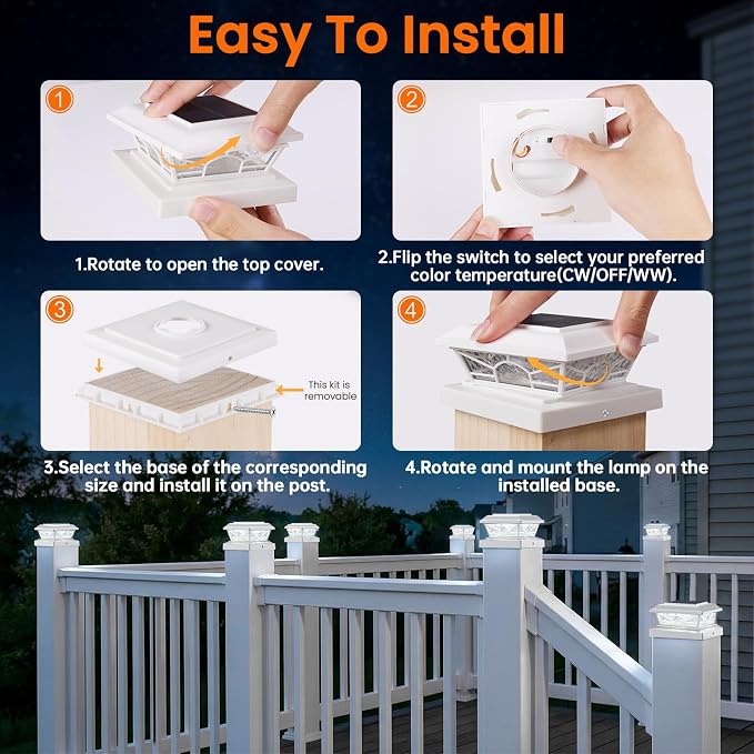 4x4 3.5x3.5 Solar Post Cap Lights 4-Pack White | 2 Modes (Warm/Cool White), 16LEDs, for Wooden/Vinyl Posts, IP65 Waterproof, Outdoor, for Fence, Deck, Patio, Yard, Porch