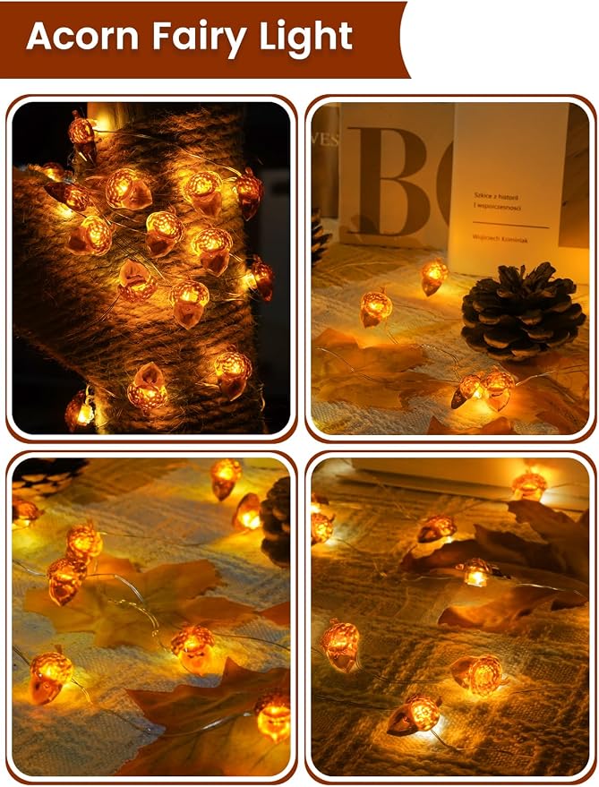 2 Pack 30 LED Acorn Fall Decorations, String Lights Battery Operated Remote | 20FT 3D Acorn Fairy Twinkle Lights with Timer, 8 Modes, Waterproof Outdoor Autumn Harvest, Thanksgiving, Halloween Decoration
