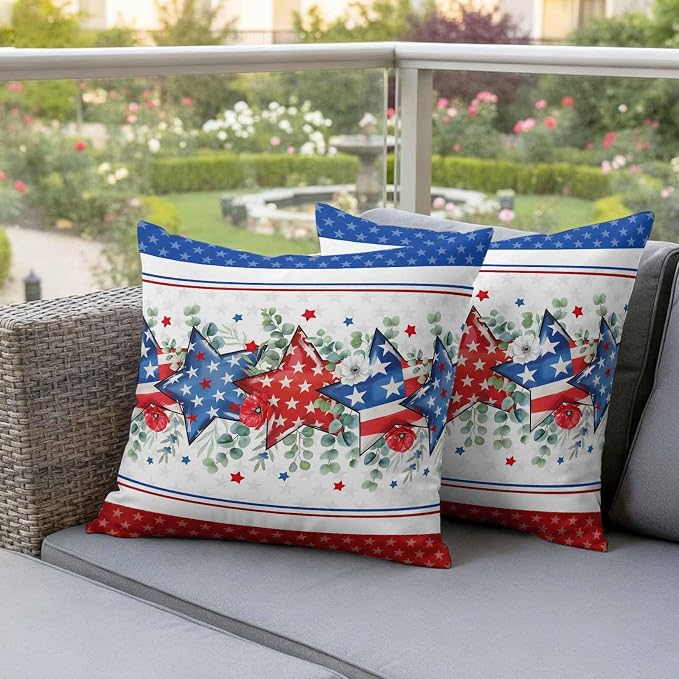 Independence Day Star Outdoor Pillow Covers 16"x16" Set of 2, Waterproof Throw Pillow Covers for Patio Furniture, Farm Red Blue White Star Eucalyptus Leaves Decorative Cushion Covers for Porch