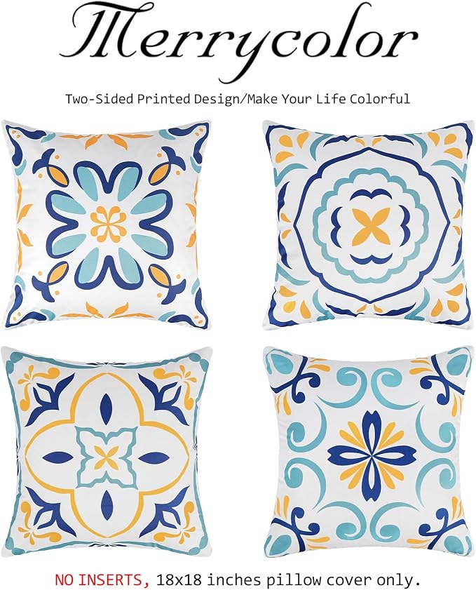 Merrycolor Summer Outdoor Waterproof Throw Pillow Covers 18x18Inch Set of 4 Boho Farmhouse Coastal Decorative Pillowcases Print Flowers Accent Cushion Covers for Couch Patio Swing and Garden Sofa