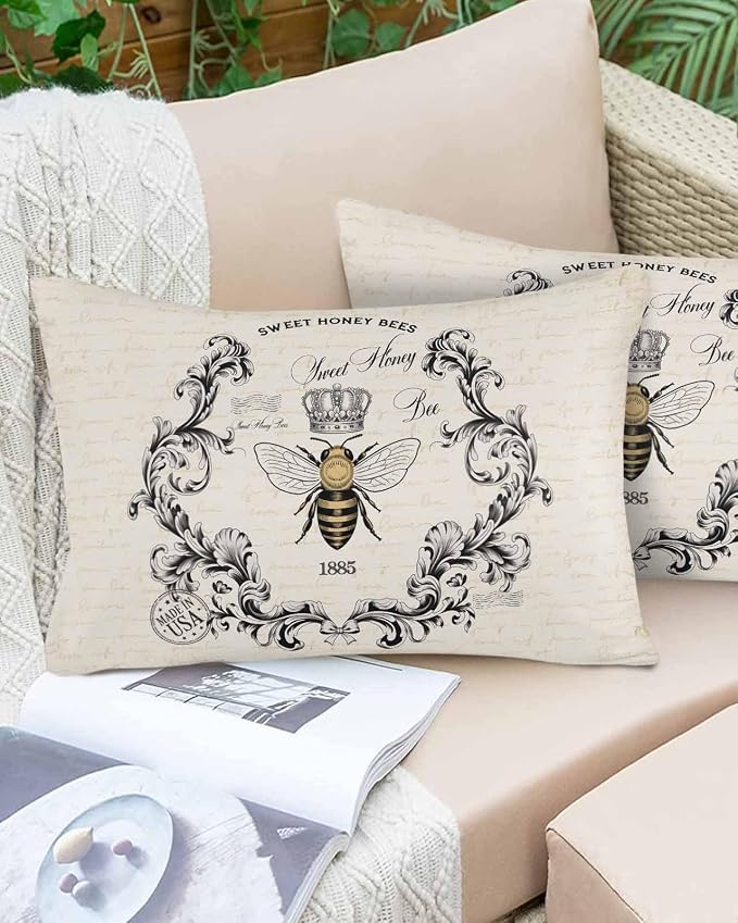 Vandarllin Outdoor Throw Pillows Covers 20x12 inch Set of 2 Waterproof Sweet Honey Bees Decorative Zippered Cushion Covers for Patio Furniture, Floral Crown Wreath Vintage Lumbar Pillowcases