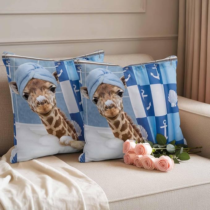 Bathing Giraffe Waterproof Outdoor Pillow Covers Set of 2 Home Decor, Funny Animal Showering Lumbar Pillowcase Patio Pillow Covers for Couch Bench Patio Furniture Garden 20x20in