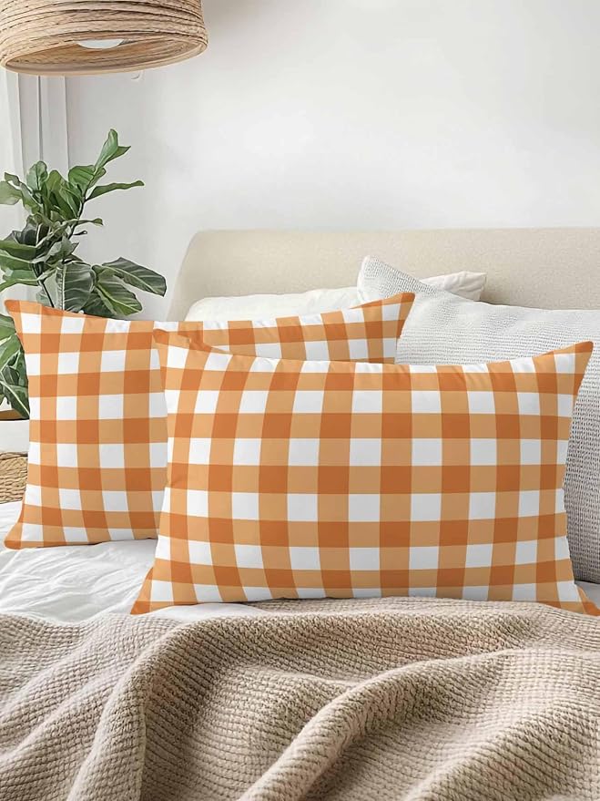 Waterproof Outdoor Pillow Set of 2 Orange Buffalo Plaid Decorative Throw Pillows Cover & Insert 20x12 Inch Lumbar Pillowcase Check Lines Pillows for Couch Sofa Bed Patio Furniture Indoor Outdoor