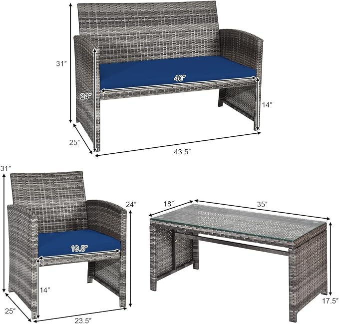 HAPPYGRILL 4-Piece Patio Conversation Set with Soft Cushions Rattan Furniture Set with PE Wicker Coffee Table & Sofa Chairs for Garden Poolside Porch Backyard