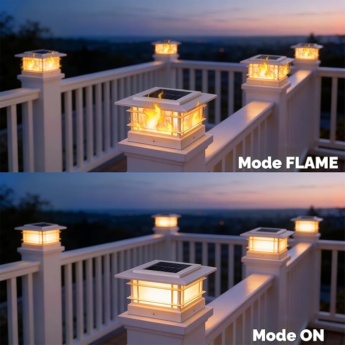Dynaming 4 Pack Solar Post Cap Lights Outdoor with Flickering Flame Light, White Shell Fence Post Solar Lights Fit 4x4 5x5 Vinyl/Wooden Posts, Brightness LED Lighting Decor for Garden Deck Patio