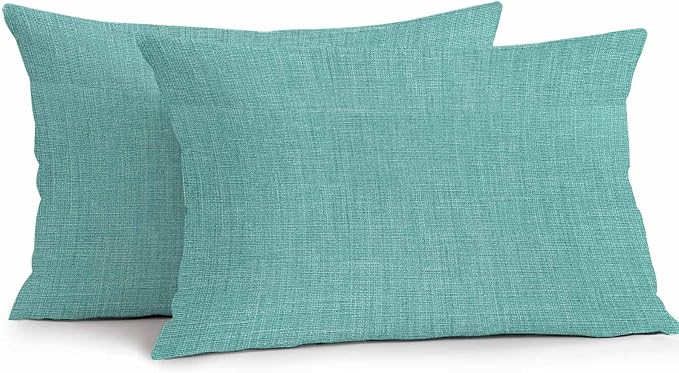Vandarllin Outdoor Throw Pillows Covers 20x12 inch Set of 2 Waterproof Turquoise Linen Decorative Zippered Cushion Covers for Patio Furniture, Farmhouse Pure Color Lumbar Pillowcases