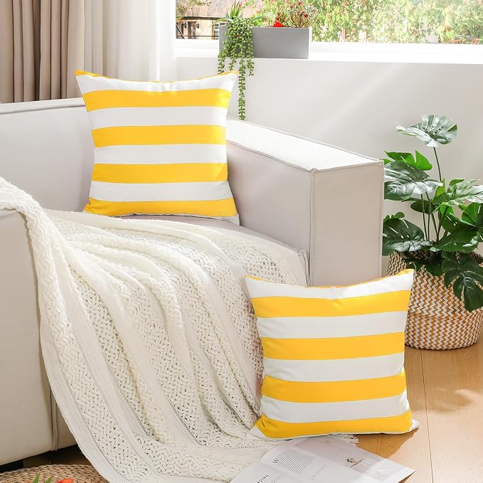 Lewondr 2 Pack Outdoor Throw Pillow Covers, 20"x20", Yellow + White | Square Stripe, Waterproof, For Outdoor Patio Porch Farmhouse Garden Balcony Couch, 50x50cm
