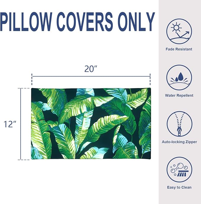 Pack of 2 Outdoor Lumbar Pillow Covers, All Weather Cushion Pillow Cases 12x20 Inch, Pillowcase for Patio Couch Decoration, Hanalei Lagoon