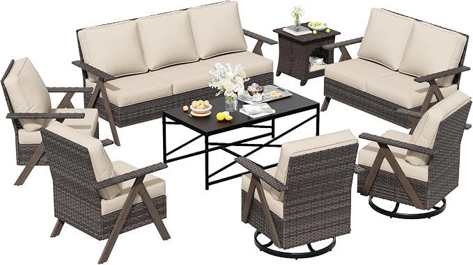 8 Pieces Patio Furniture Set,Outdoor Loveseat Sofa & High Back Swivel Rocker Patio Chairs, Wicker Conversation Set with Coffee Table and Side Table for Deck Yard and Poolside