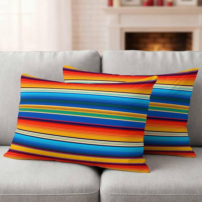 Colorful Striped Outdoor Pillow Covers 20x12 Inch Lumbar Pillow Covers Set of 2 Waterproof Decorative Throw Pillow Cases Boho Rainbow Abstract Stripes Lines Cushion Covers for Patio Furniture Garden
