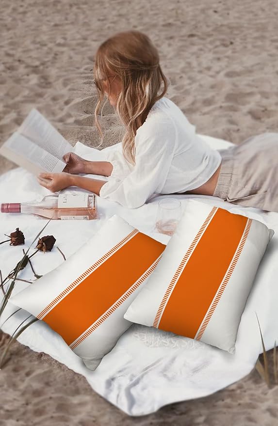 Outdoor Waterproof Throw Pillow Covers 20 x 12 Inches Set of 2 Orange White Stripes Minimalist Simple Pattern Decorative Cushion Cover Pillowcase for Garden Patio Tent Beach Livingroom Sofa Couch