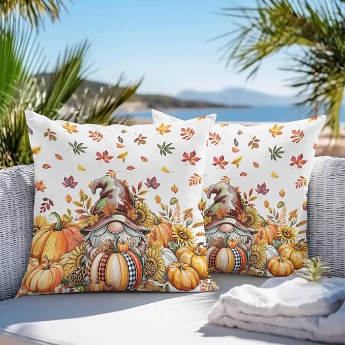 Fall Gnomes Outdoor Waterproof Pillow Covers, Thanksgiving Pumpkins Leaf Sunflowers Farm Decorative Square Throw Pillowcase Sofa Cushion Sham for Patio/Couch/Chair, 26"x26" 2 Pack