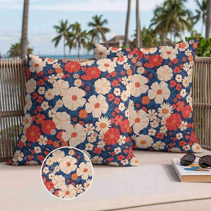 Independence Day Outdoor Waterproof Throw Pillow Covers Set of 2, 26"x26", Red White Daisy Retro 4th of July Decorative Pillow Covers Outside Cushion Case for Patio Porch Garden