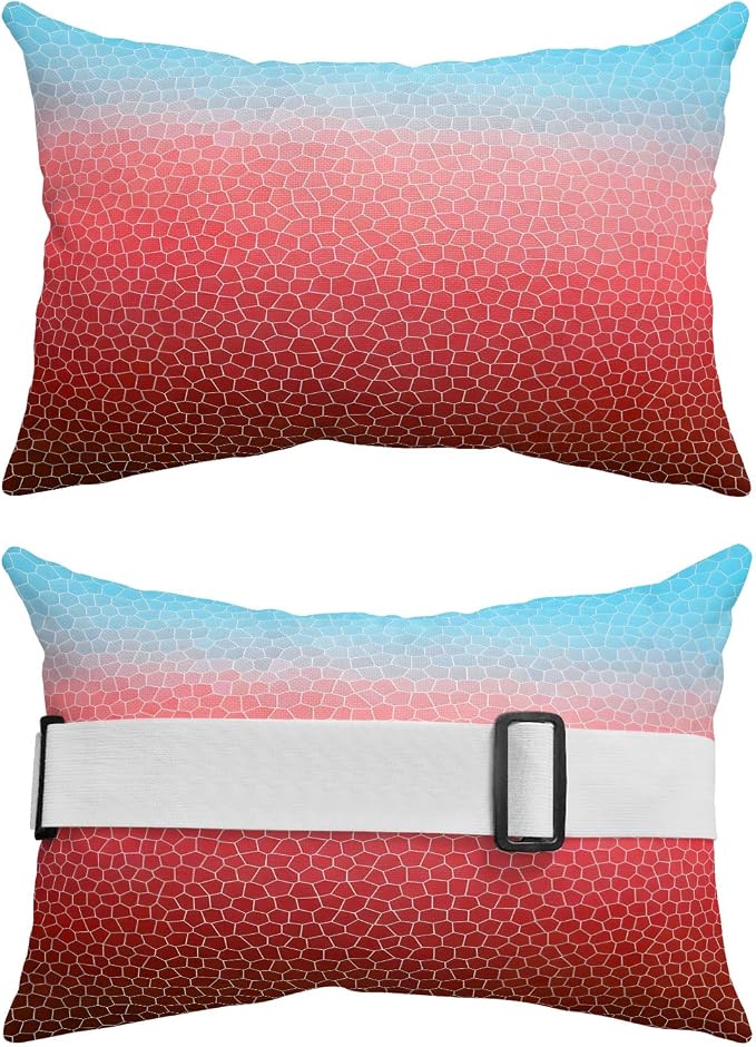 Chaise Lounge Headrest Pillow 1 Pack, Blue Red Ombre Waterproof Chair Pillows with Insert & Adjustable Elastic Strap for Beach Pool Recliner, Geometric Stained Glass Outdoor Patio Pillow
