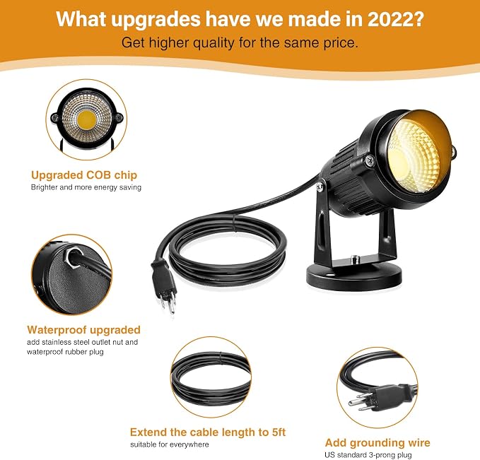 Landscape Lights - 5W 110V Outdoor Spotlight - Waterproof IP65-3000K Warm White LED Landscape Lights - 5ft Cable for Yard Garden Patio Driveway House (Include Spike) (6 Pack)