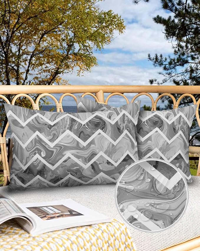 Outdoor Waterproof Throw Pillows Marble Gray Zigzag Ripple Chevron Patio Pillows Pack of 2,Decorative Pillow Covers with Insert,Pillow Cushion Case for Garden Couch Modern Geometric Abstract Pattern