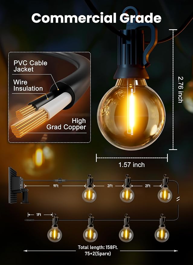 Brightown 158FT 77LED Solar String Lights Outdoor with USB Port | Shatterproof Bulbs, Dimmable & Timable, 3 Modes, Solar Patio Lights with a Mount Clip for Camping Backyard Garden Decor