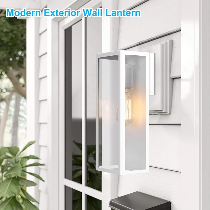 VerRon Outdoor White Wall Light Fixtures, Modern Exterior Wall Lanterns | Anti-Rust E26 Modern Lighting Fixtures Waterproof with Clear Glass Shades for Patio Garage Entryway Front Door, 2-Pack