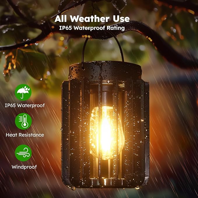 4 Pack Solar Lanterns Outdoor Waterproof, Retro Metal Hanging Lantern | 12-Hr Runtime Outdoor Solar Lantern, Auto On At Dusk, High Bright Hanging Solar Lights for Garden Porch Patio Decor, Black