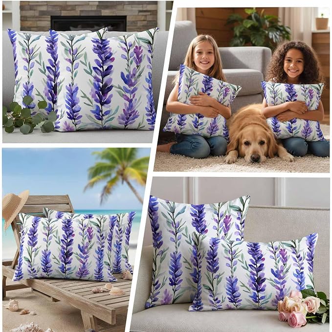 Outdoor Waterproof Pillow Covers 18x18Inch Spring Purple Lavender Throw Pillowcases for Patio Garden Couch Sofa Watercolor Floral Art Decorative Cushin Case,Pack of 2