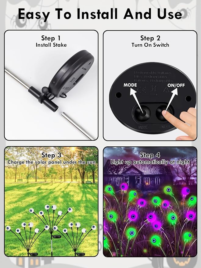 6 Pack Solar Halloween Decorations Outdoor 36 LED Solar Eyeball Lights | Purple and Green Halloween Lights, Sway by Wind, IP65 Waterproof, 2 Modes, for Pathway Garden Yard Lawn Horror Party Decor