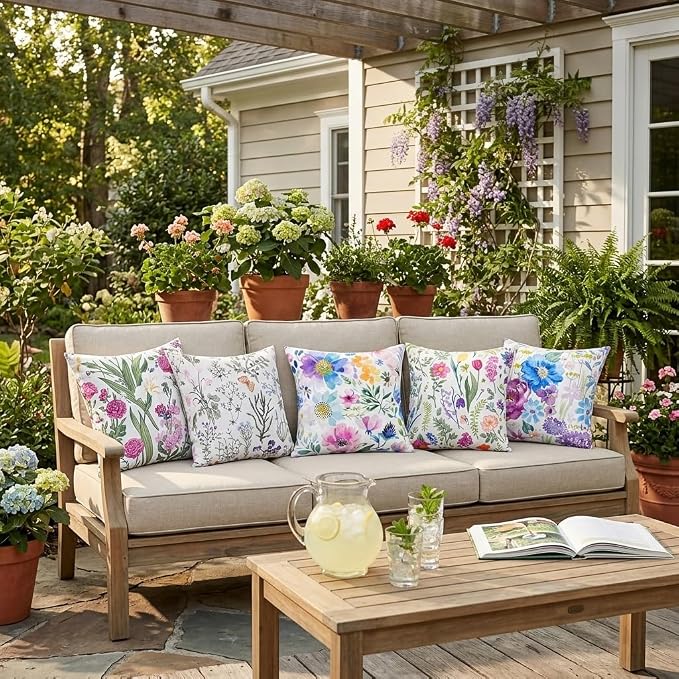 Pyonic Waterproof Outdoor Pillow Covers 18x18 Inch Set of 2 Sage Green Wild Flower Plant Butterfly Outdoor Pillows for Patio Furniture Porch Chair Spring Summer Decoration for Home