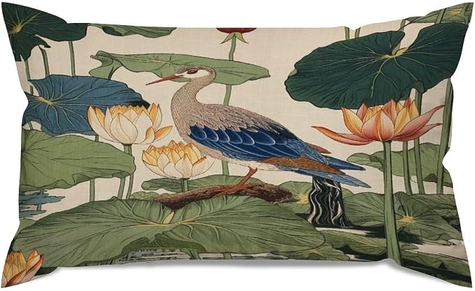 Set of 2 Chinese Pond Bird Decorative Throw Pillow Covers 12x20in Farmhouse Rectangle Accent Pillow Cases Cushion Cover Cases for Sofa Chair Bedroom Home Decor