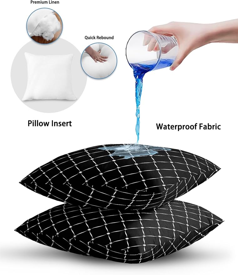 Vandarllin Waterproof Outdoor Pillow 1 Pack Black Grid Plaid Decorative Throw Pillows Cover & Insert 20x12 Inch Lumbar Pillowcase Diagonally Crossed Lines Pillows for Couch Sofa Bed Patio Furniture