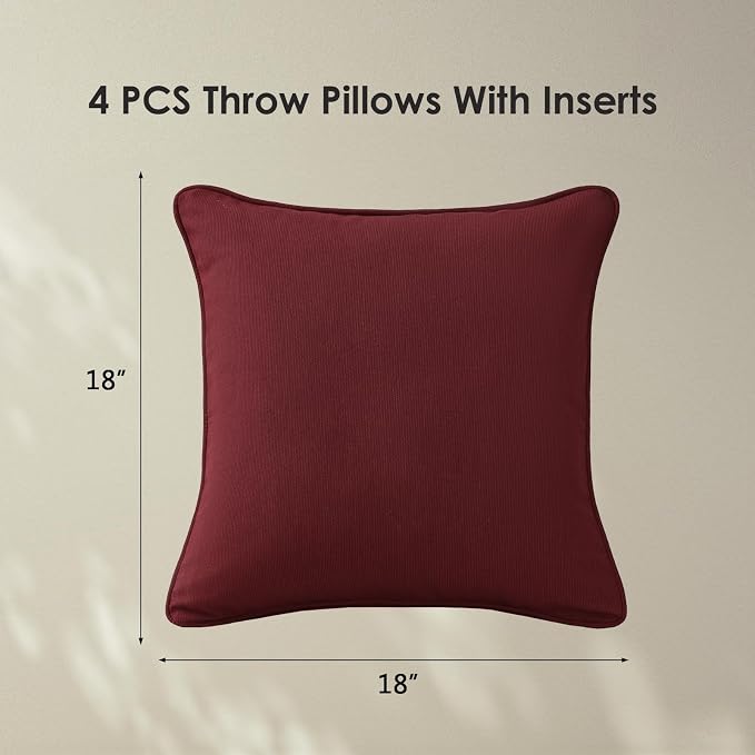 Unimatta Sunbrella Decorative Outdoor Water Repellent Throw Pillows with Inserts, Set of 4, 18" x18" Pillows for Patio, Backyard, Bed, Couch, and Patio Furniture, Spectrum Ruby