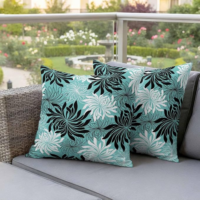 Yukro Teal Black Floral Outdoor Waterproof Pillow Covers Pack of 2, Vintage Teal White Black Flower Decorative Throw Pillowcases Cushion Covers for Garden Patio Tent Sofa Couch, 24x24 inch