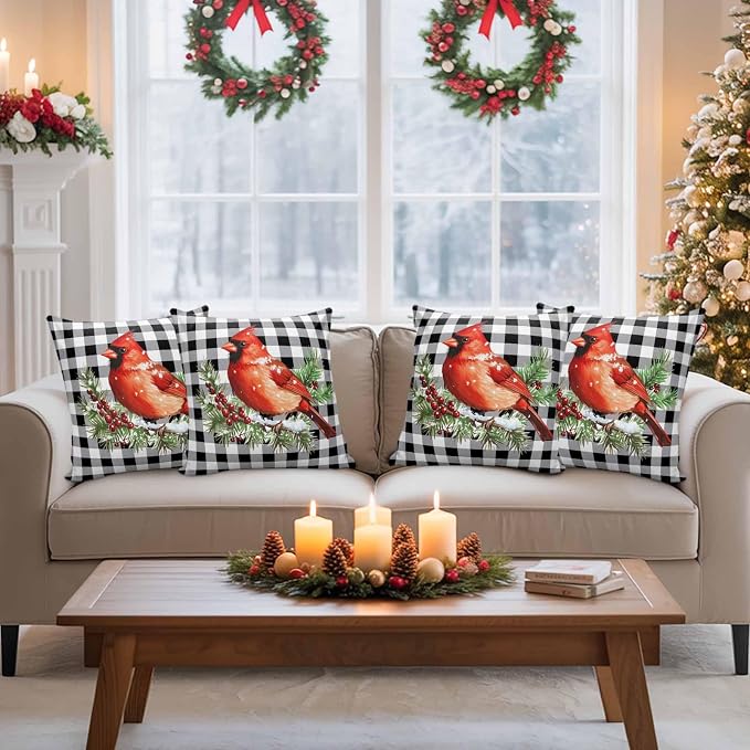 Vandarllin Christmas Outdoor Throw Pillows Covers 16X16 Set of 2 Waterproof Red Cardinals Decorative Zippered Lumbar Cushion Covers for Patio Furniture, White Black Buffalo Check Plaid