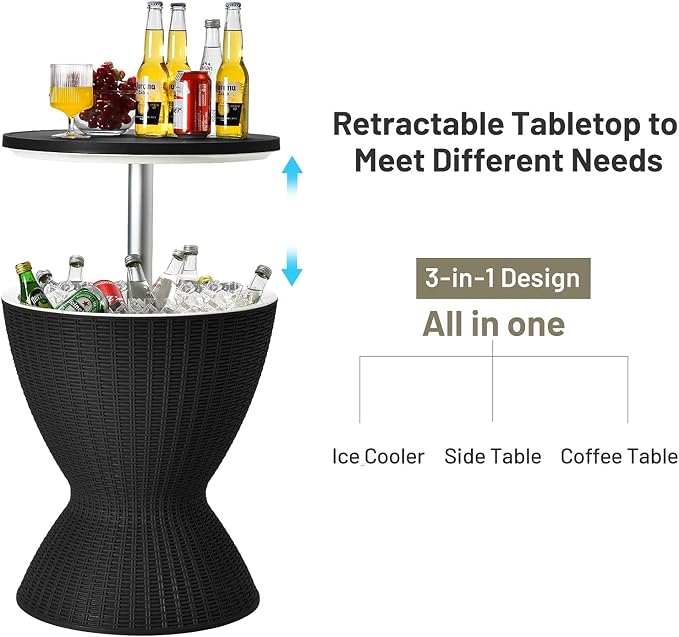 Tangkula Outdoor Cooler Table, Multi-Functional Cooler Bar Table, Adjustable Height Ice Cooler Side Table w/Drain Plug, 8 Gallon Beer & Wine Cooler, Rattan Style Patio Furniture for Pool Parties