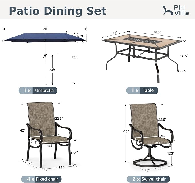 PHI VILLA 8 Pcs Outdoor Dining Set with 13ft Umbrella, Mesh Dining Chairs | 60'' wood-look rectangular table, 2 swivel & 4 fixed patio chairs and 13ft navy blue umbrella(NO BASE) for deck, garden, yard