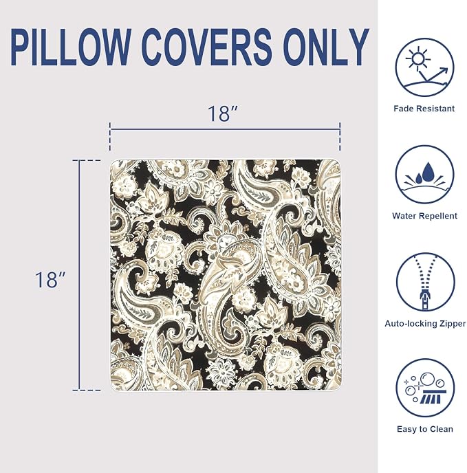 Outdoor Throw Pillow Covers Pack of 2, Decorative Water Repellent Square Pillow Cases with Piping 18x18 Inch, Paisley Black
