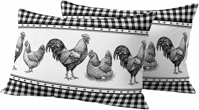 Navy Blue Rooster Outdoor Pillow Covers Waterproof, All Weather Cushion Case Set of 2, Vintage Farmhouse Black Plaid Lumbar Pillowcase for Sofa Couch Bed Decor Patio Furniture 20"x12"