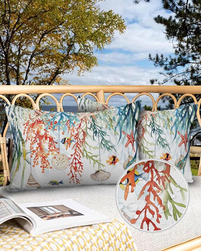 Outdoor Waterproof Throw Pillows Summer Colorful Coral Shell Conch Patio Pillows,Decorative Pillow Covers with Insert,Pillow Cushion Case for Garden Couch Sofa Sea Starfish Fish Marine Life