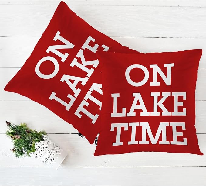 Swono Set of 2 On Lake Time Pillow Covers 18 X 18 Inch, Funny Lake Quote Square Decorative Throw Pillow Covers for Sofa Couch Bed,Outdoor Indoor Pillowcase Cushion Cover, Red White