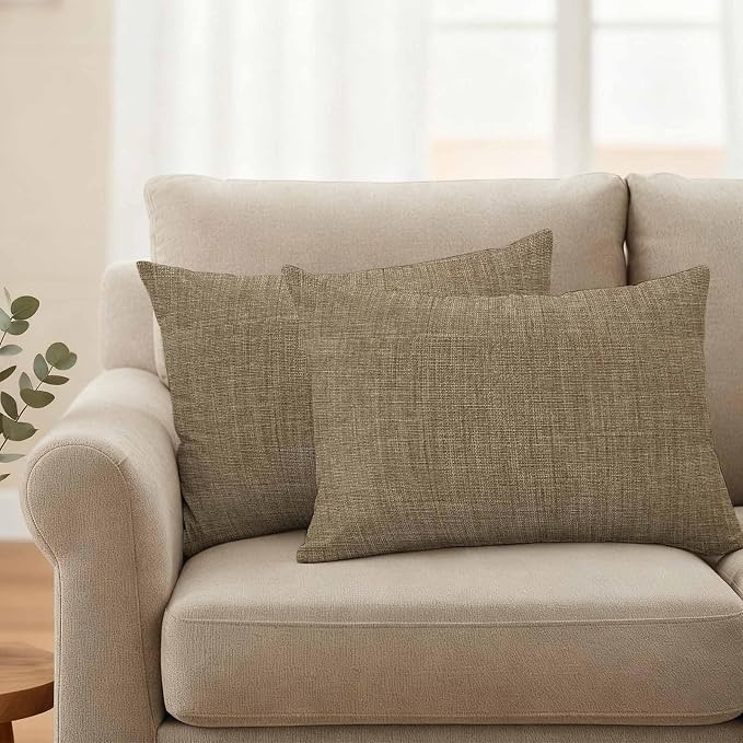 Outdoor Waterproof Throw Pillow Covers Set of 2 Brown Linen Lumbar Pillowcases 20x12 Inches Farmhouse Pure Color Decorative Pillows Cushion Case Patio Pillows for Couch Bed Chair Garden