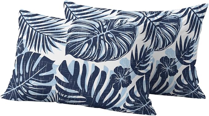 Navy Blue Palm Leaves Outdoor Pillow Covers 20"x12" Set of 2, Tropical Botanical Minimalist Modern Waterproof Throw Pillow Covers for Patio Furniture, Decorative Cushion Covers for Porch