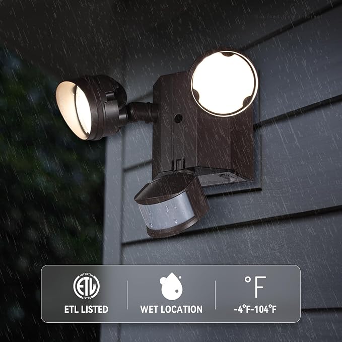 LEONLITE 30W LED Security Light with GFCI Outlets, 5000K Daylight, Brown | Adjustable Aluminum 2-Head, Motion Sensor & Dusk to Dawn Flood Lights Outdoor, Wet Location, ETL Listed, Daylight