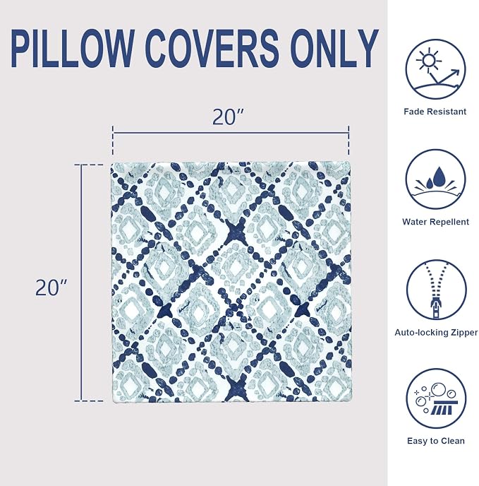 20x20 Inch Pack of 2 Patio Throw Pillow Covers ONLY, Water Repellent Cushion Cases, Square Pillowcases for Outdoor Couch Decoration, Boho Geometry Blue