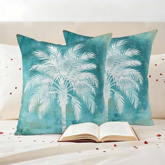 Teal Summer Palm Tree Outdoor Waterproof Pillow Covers, Coastal Beach Tropical Botanical Decorative Square Throw Pillowcase, Vintage Sofa Cushion Sham for Patio/Couch/Chair, 16"x16" 2 Pack