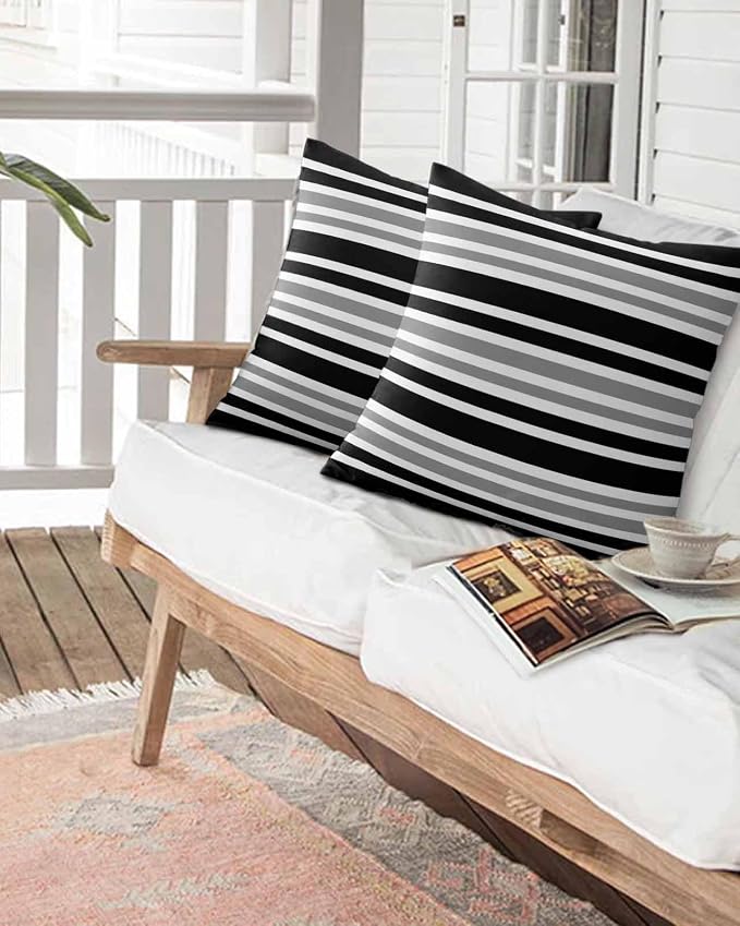Outdoor Waterproof Throw Pillows Classic Gray Black Striped Patio Pillows,Decorative Pillow Covers with Insert,Pillow Cushion Case for Garden Couch Sofa Minimalist Lines